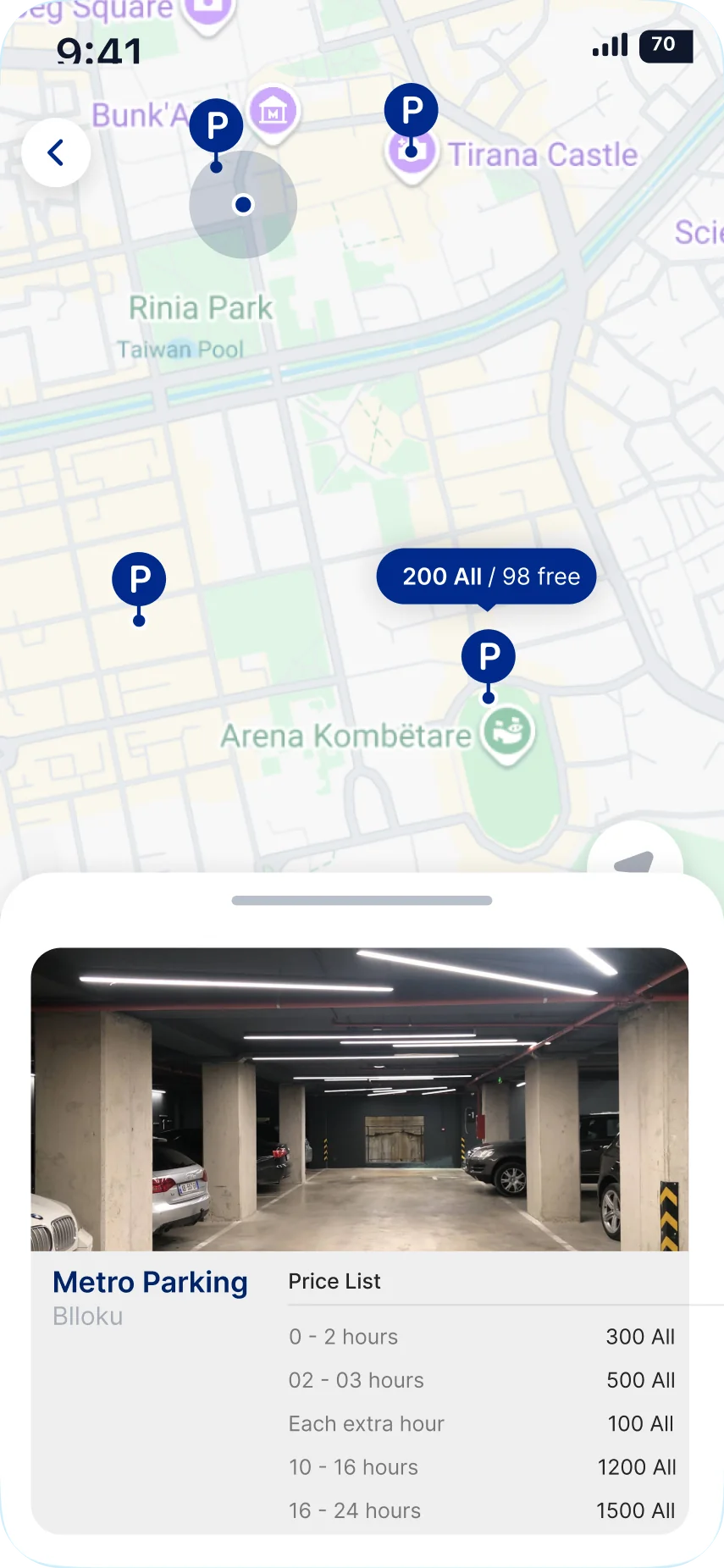 Parking map and Metro Parking details in The SunSet Parking app