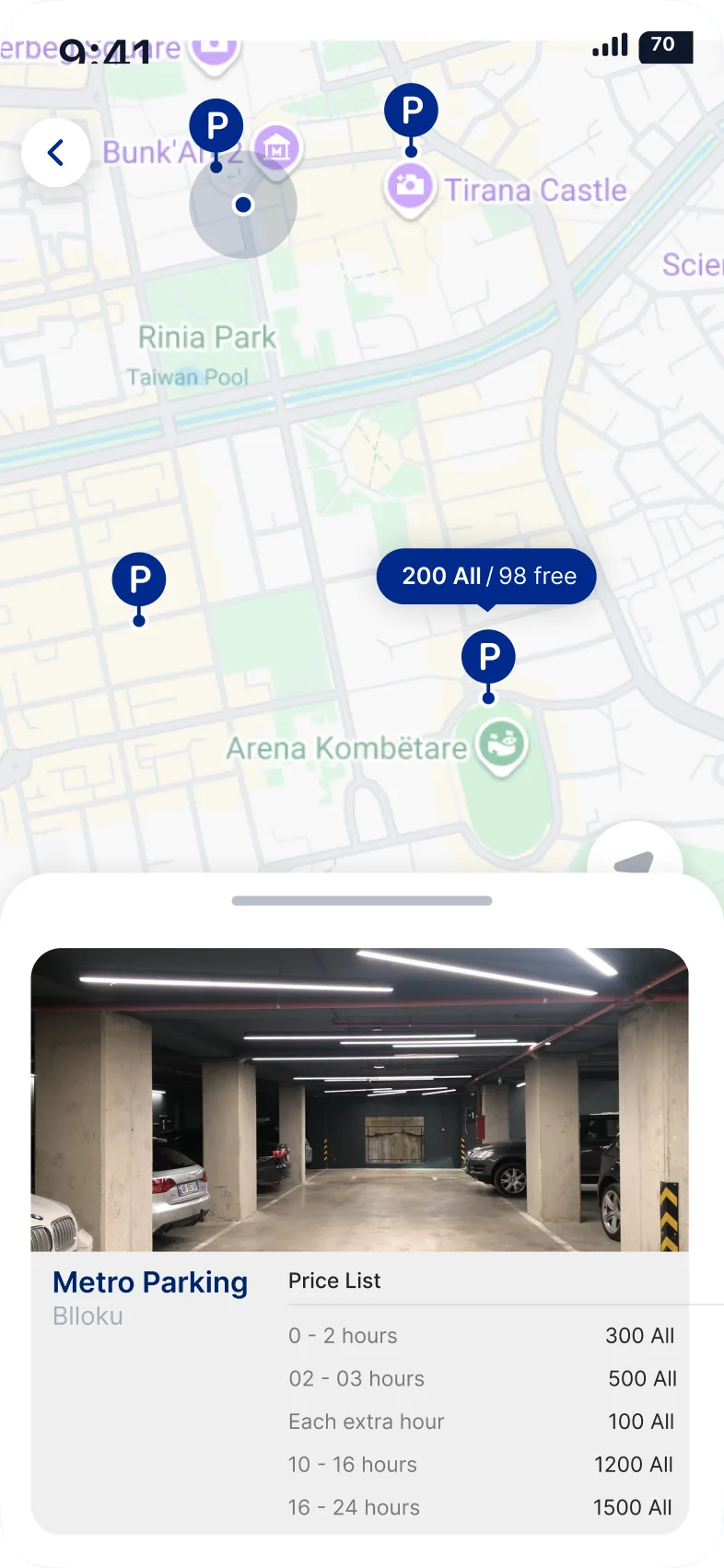 Choose screen: map with parking prices and a parking’s details
