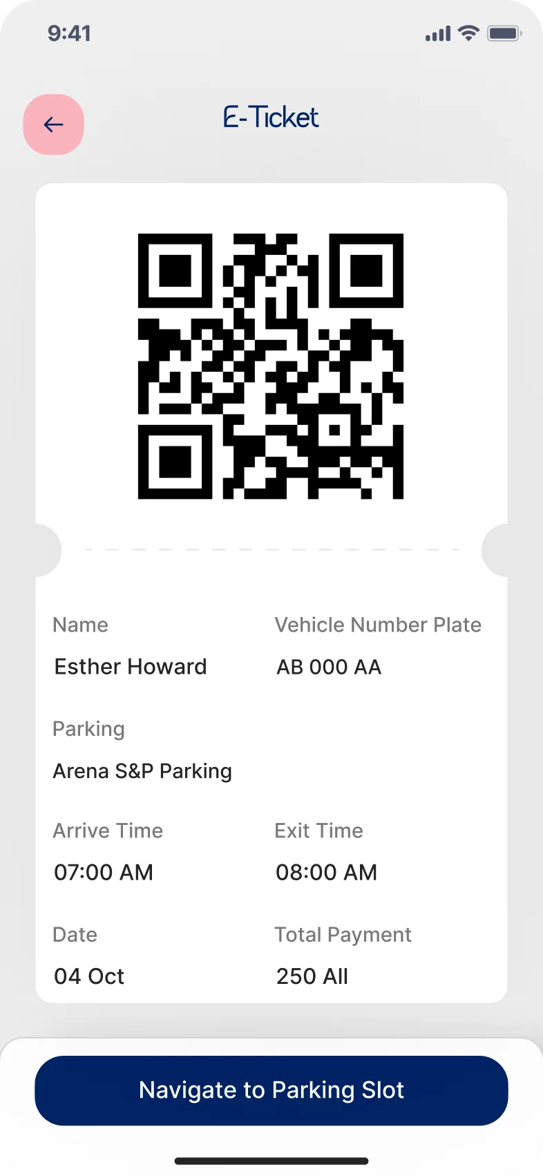 Park screen: e-ticket with its QR code