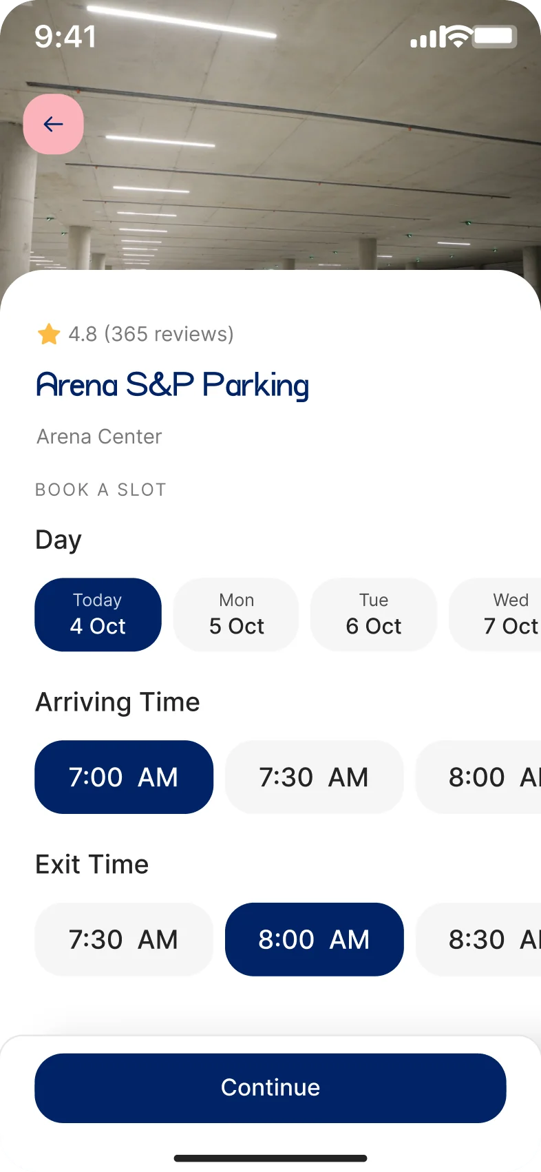 Reserve screen: day and time pickers for Arena S&P Parking