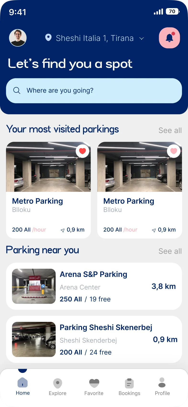 Search screen: destination search and the parkings near you
