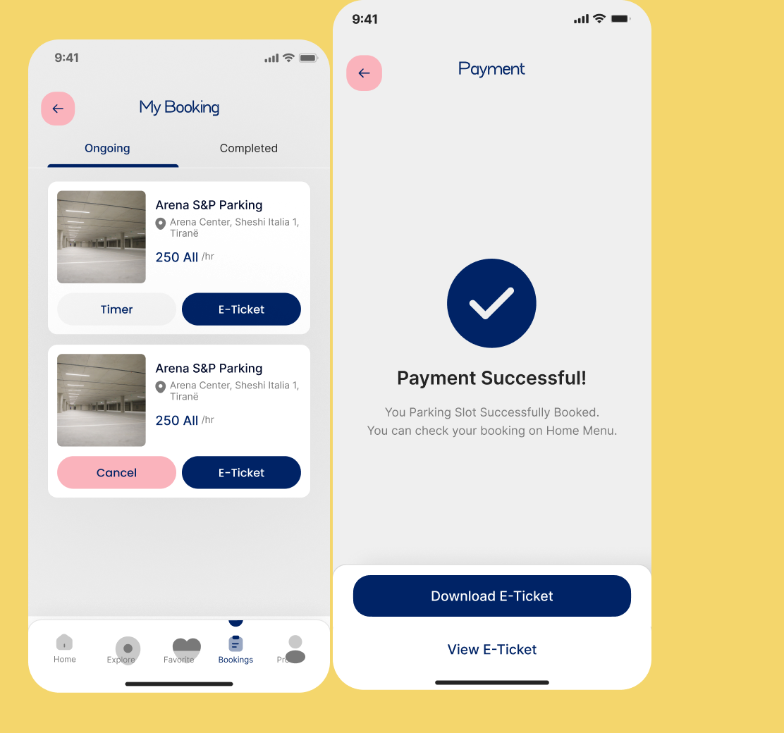 Booking and payment confirmation screens in The SunSet Parking app
