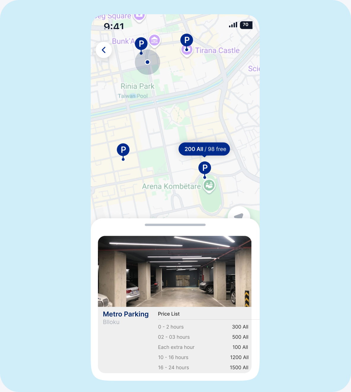 Parking map and Metro Parking details in The SunSet Parking app